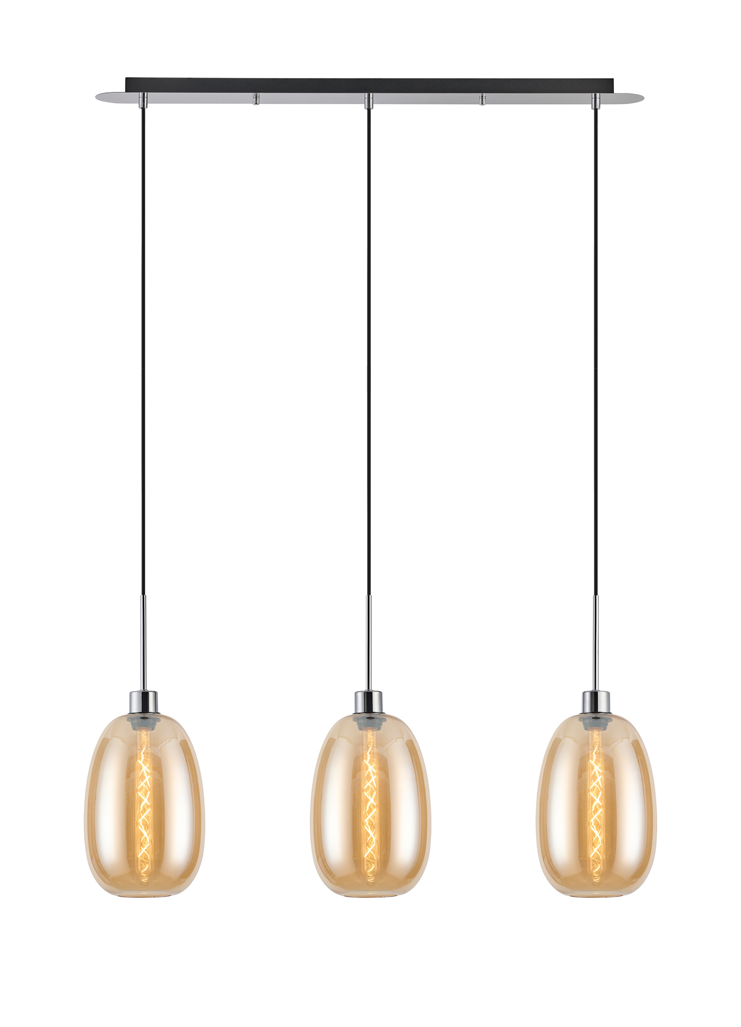 DK1299  Lori Linear Pendant, 3 Light Adjustable E27, Polished Chrome/Amber Slim Curved Trapezium Shades